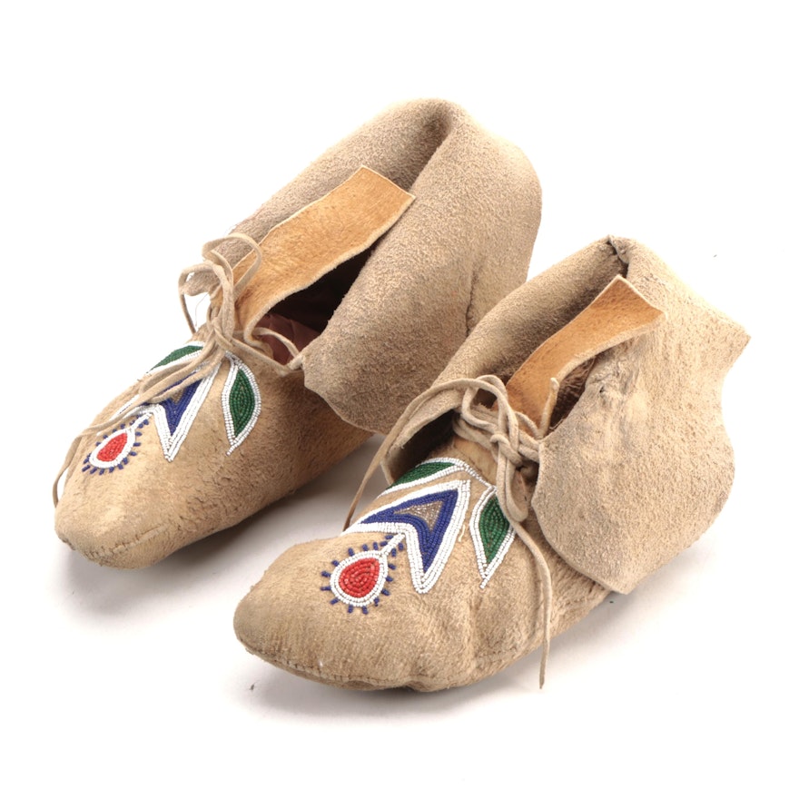 Plains Hand Stitched Moccasins with Glass Bead Work, Vintage