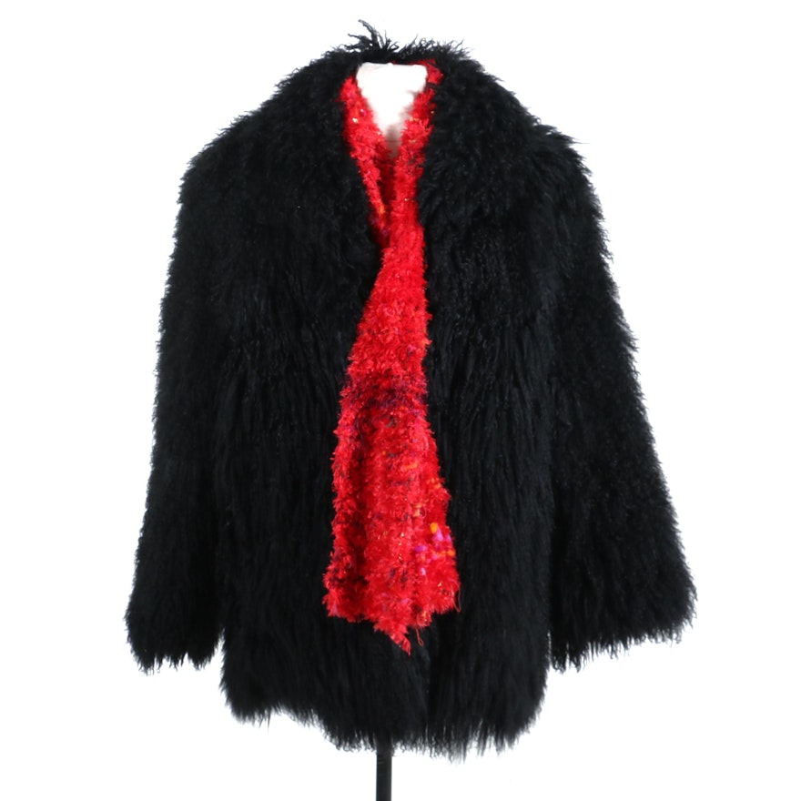 Black Tibetan Lamb Fur Coat with Red Knit Scarf, Vintage