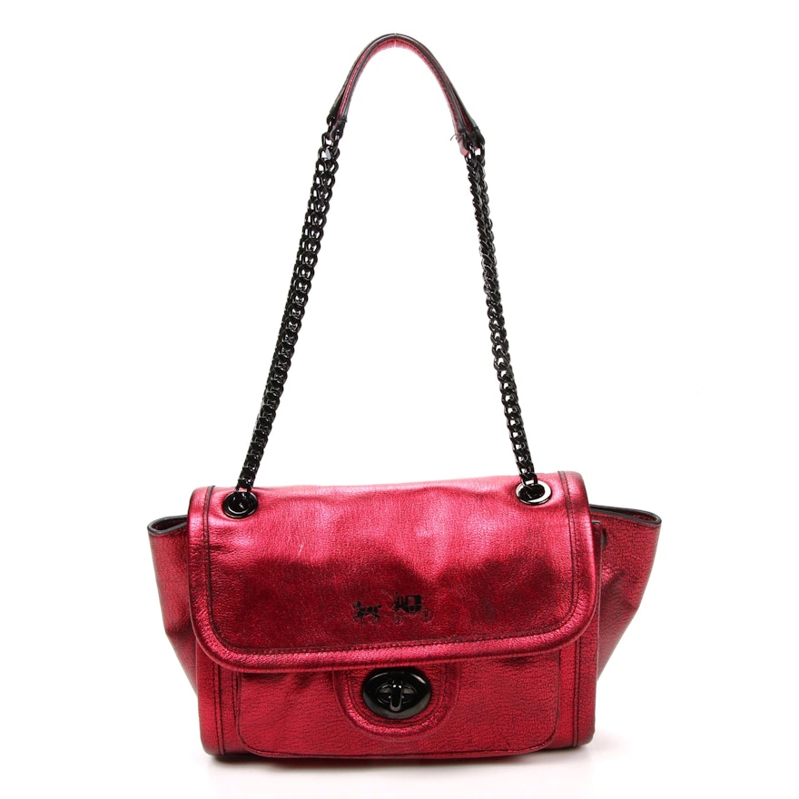 Coach Ranger Satchel with Chain Strap in Red Metallic Leather