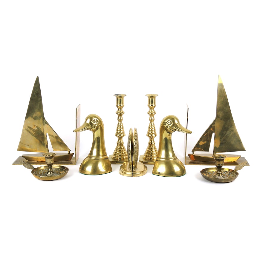 Brass Sailboat Bookends, Mallard Duck Bookends, and Other Brass Decor