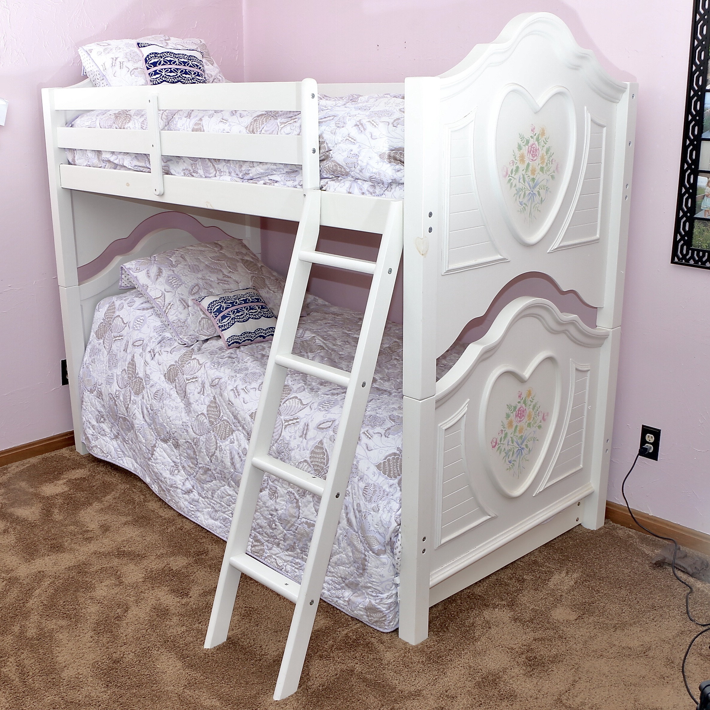 White Paint-Decorated Bunk Beds with Pottery Barn Quilt Set