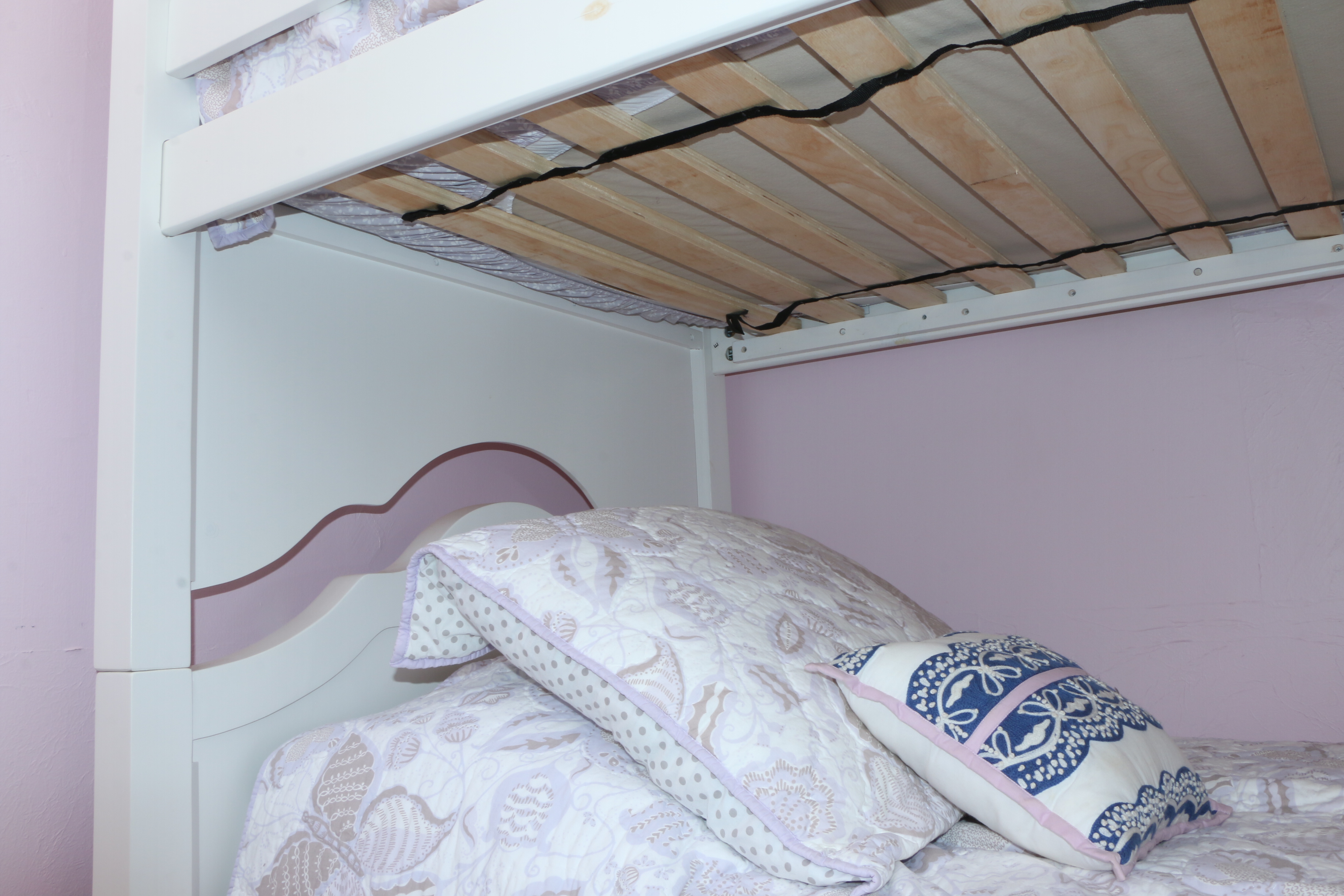 White Paint-Decorated Bunk Beds with Pottery Barn Quilt Set