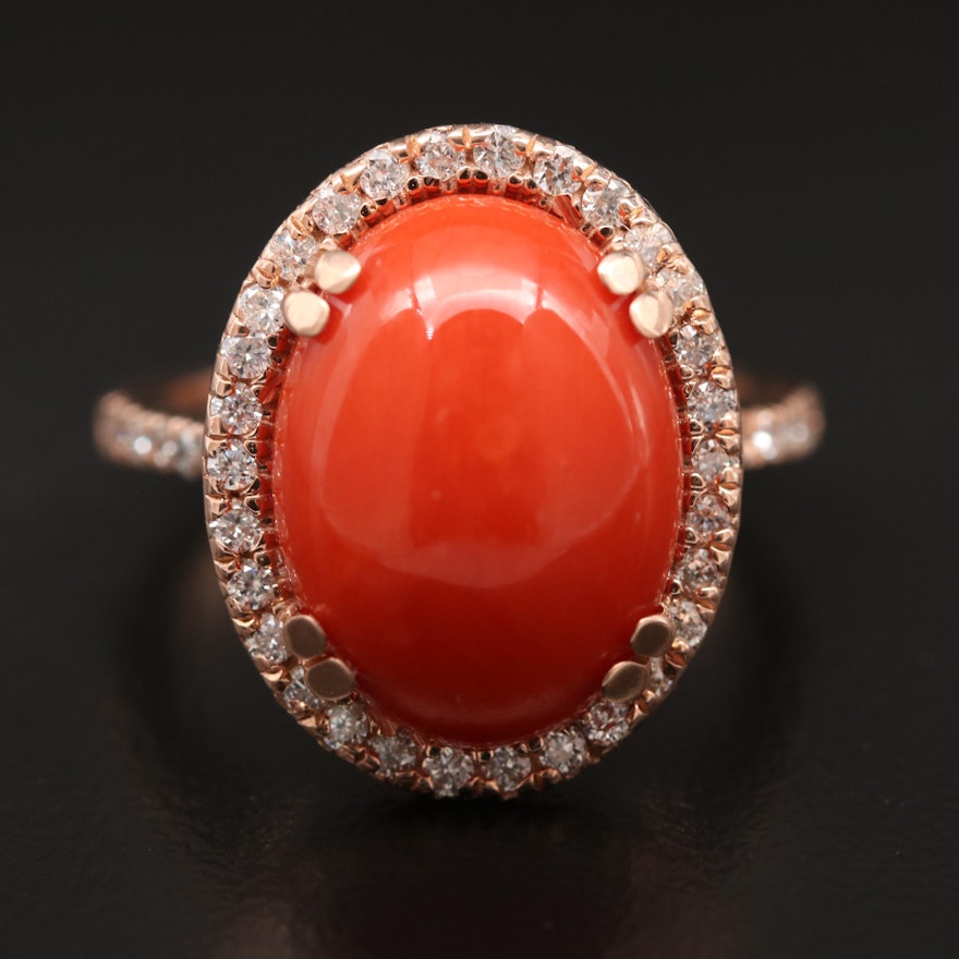 14K Rose Gold Coral Ring with Diamond Halo