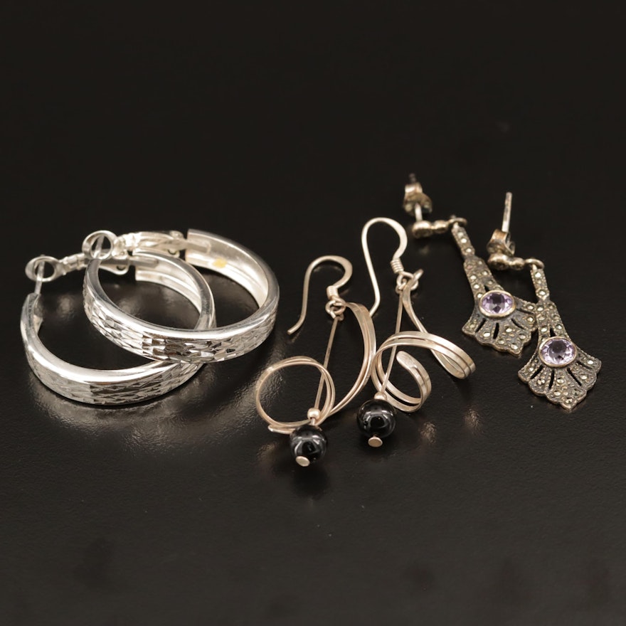 Sterling Silver Earring Selection Featuring Black Onyx, Marcasite, and Amethyst