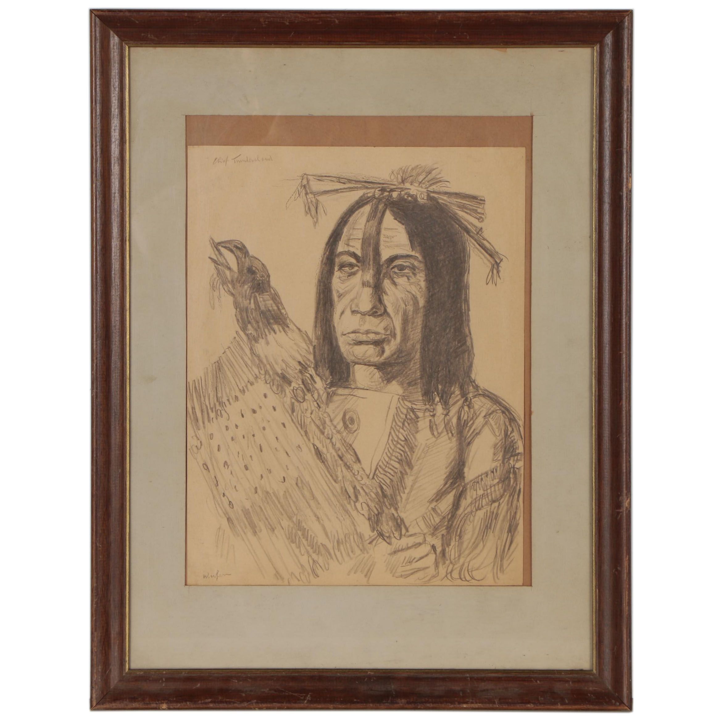Black Pencil Drawing After Paul Kane "Cree Chief 'Man Who Gives the War-Whoop' "