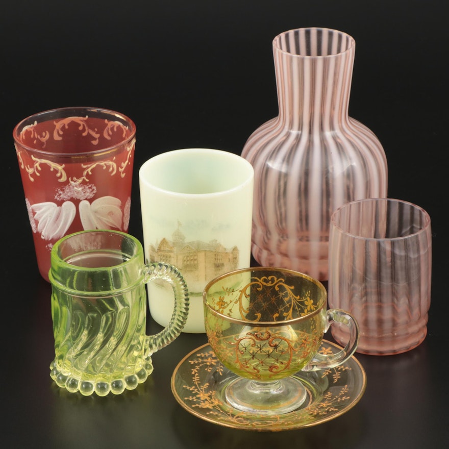 Antique Glassware including Vaseline Glass, Late 19th-Early 20th Century