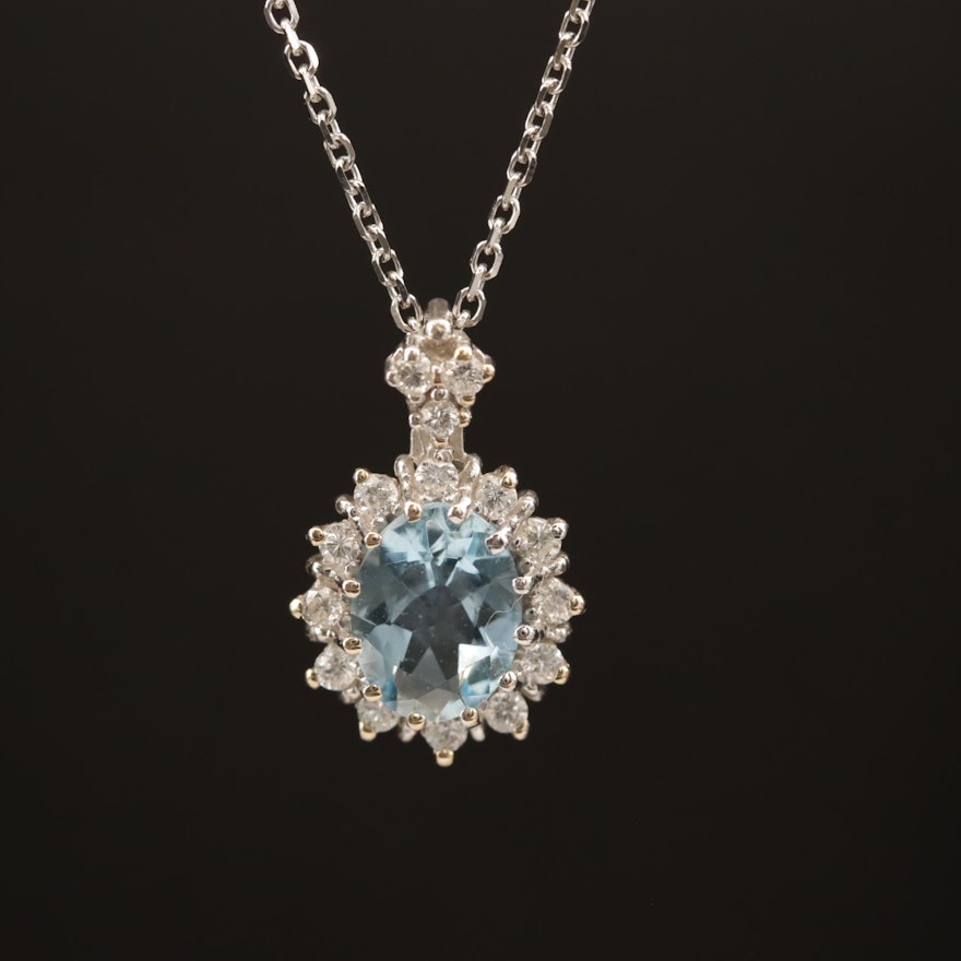 18K Aquamarine and Diamond Pendant with 14K Cable Chain Necklace
