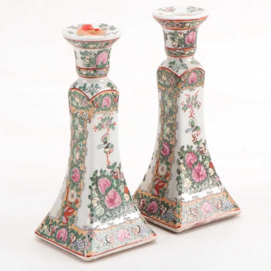 Chinese Hand-Painted Porcelain Candle Holders, 20th Century