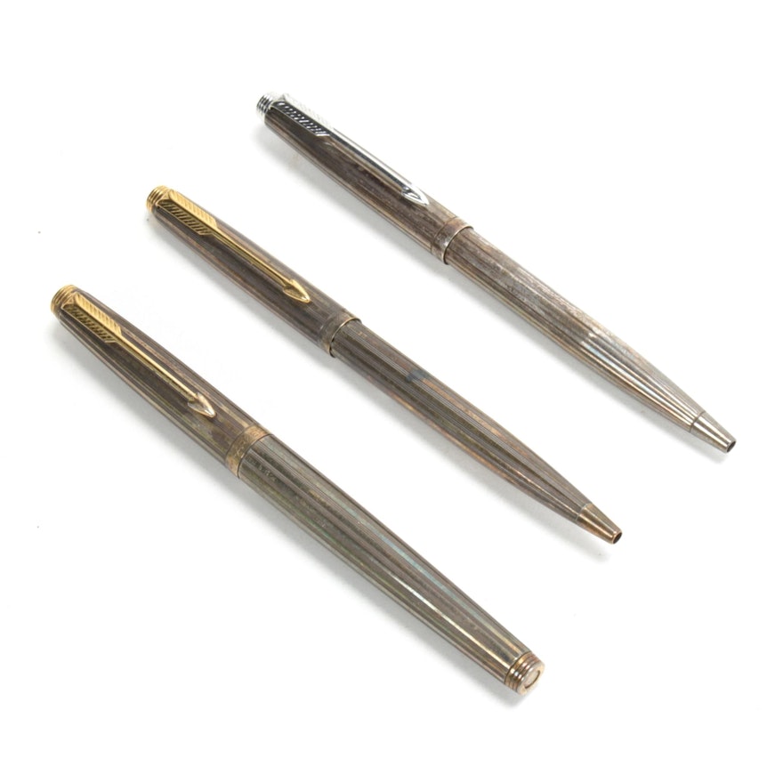 Parker Sterling Silver Fountain and Ballpoint Pens, Made in France, 20th C.