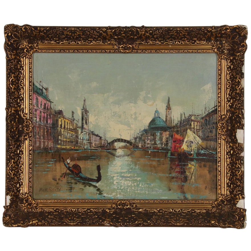 Venetian Canal with Gondola Oil Painting, Late 20th Century