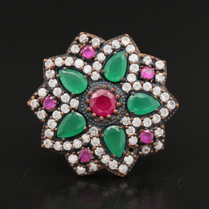 Sterling Chalcedony, Ruby and Cubic Zirconia Star Motif Ring