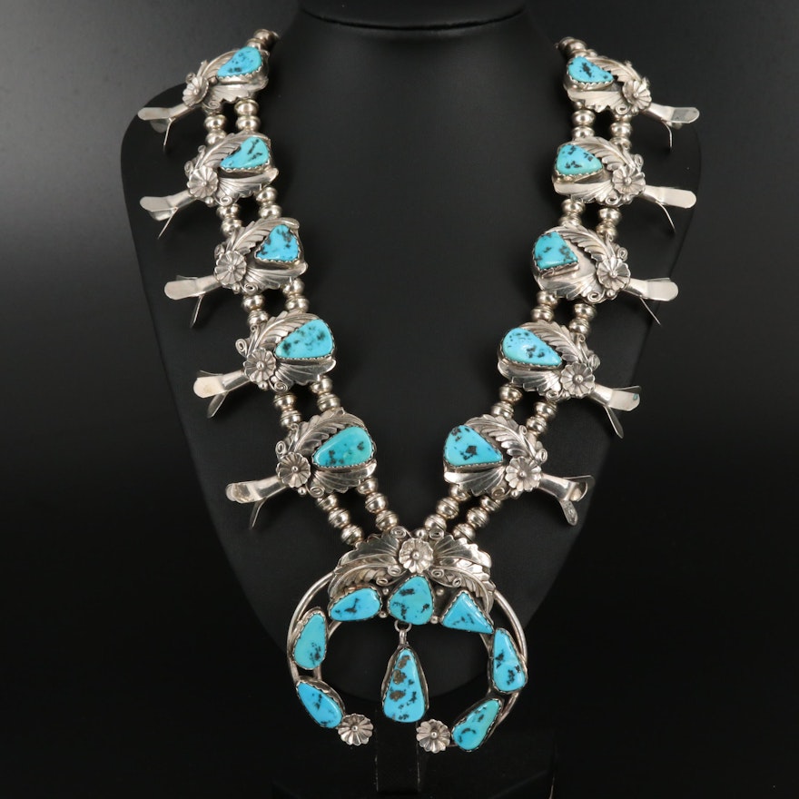 Wayne Etsitty Navajo Diné Sterling Turquoise Squash Blossom Necklace