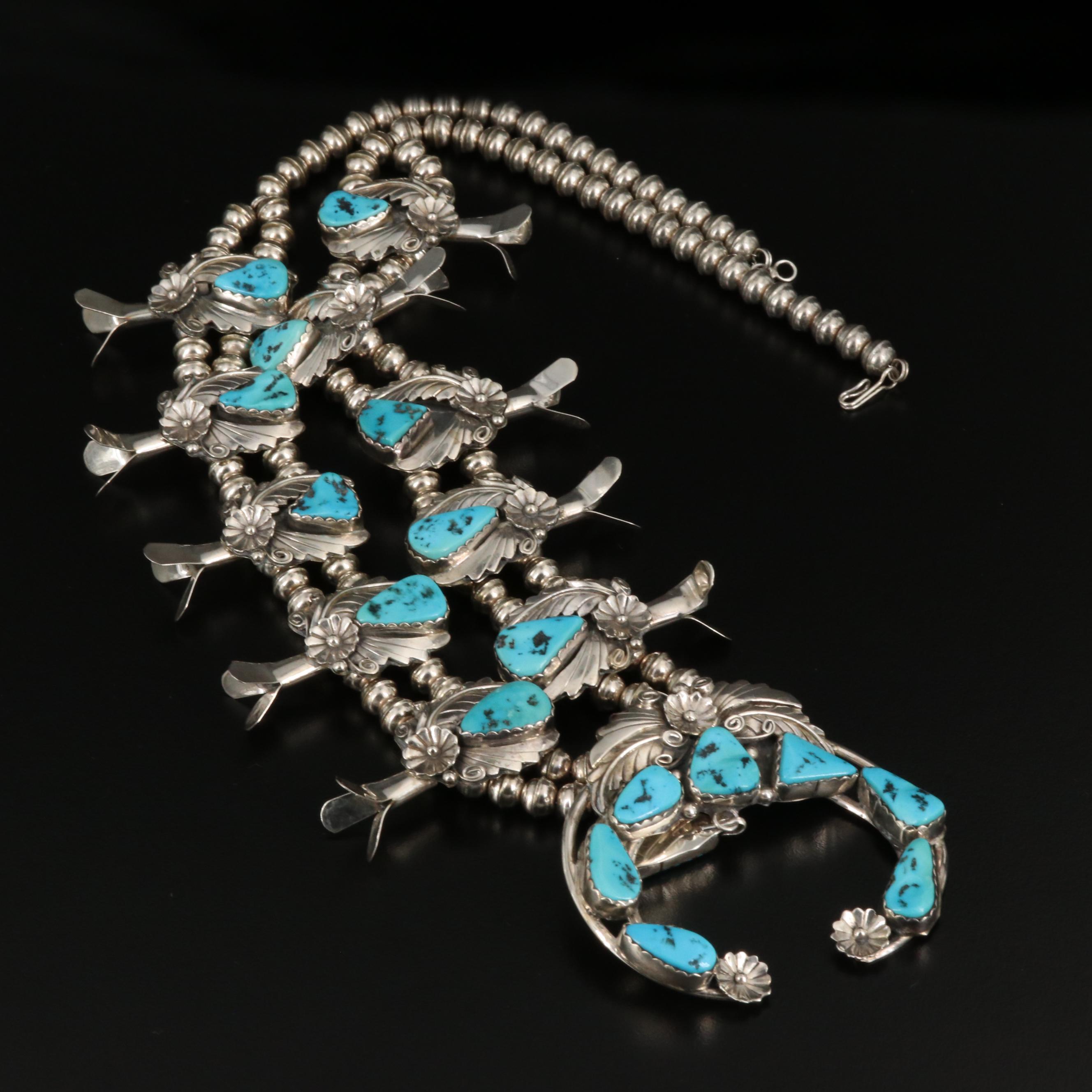 Wayne Etsitty Navajo Diné Sterling Turquoise Squash Blossom Necklace