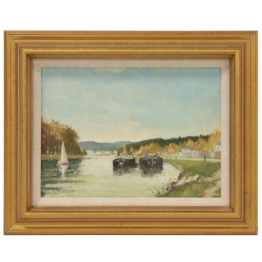 B. Tourraix Impressionist Style Oil Painting "The Barges at Samois"