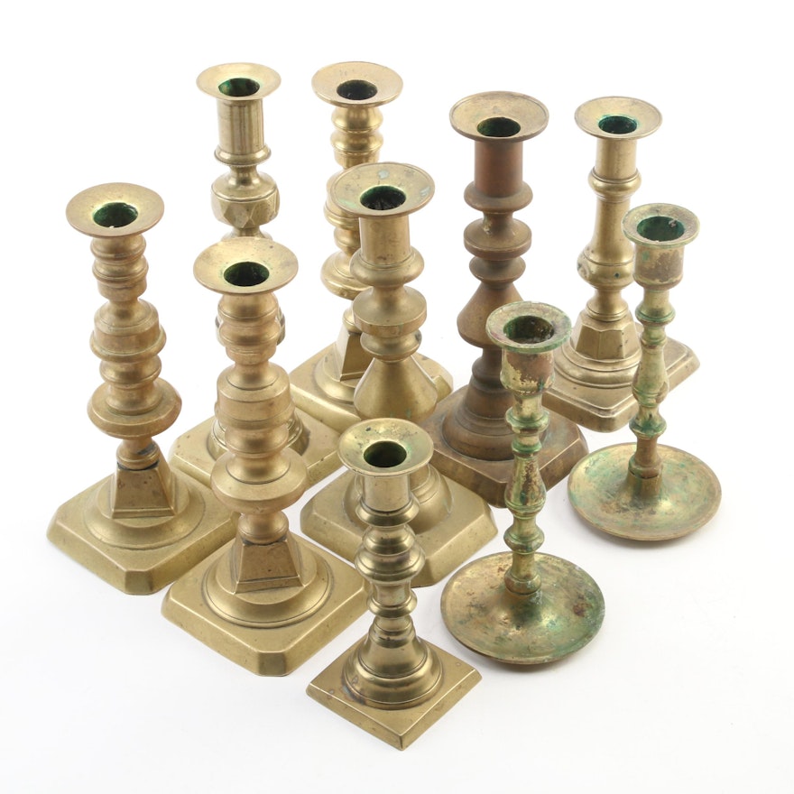 Pairs and Individual Brass Candlesticks, Mid to Late 20th Century