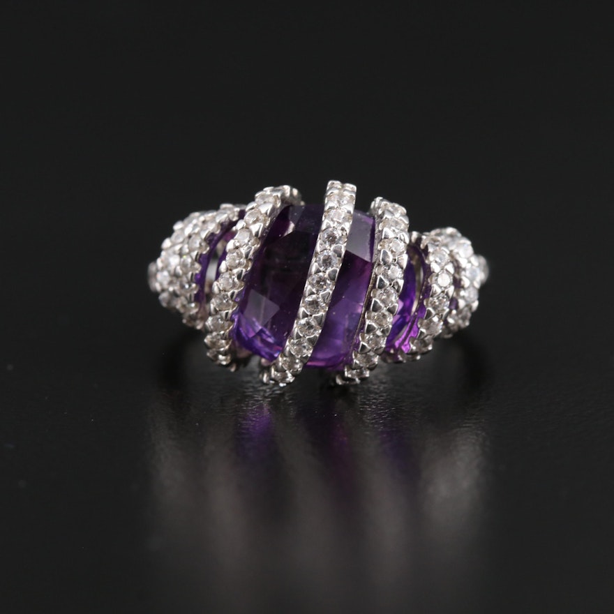 Elle Sterling Silver Amethyst and Cubic Zirconia Spiral Motif Ring