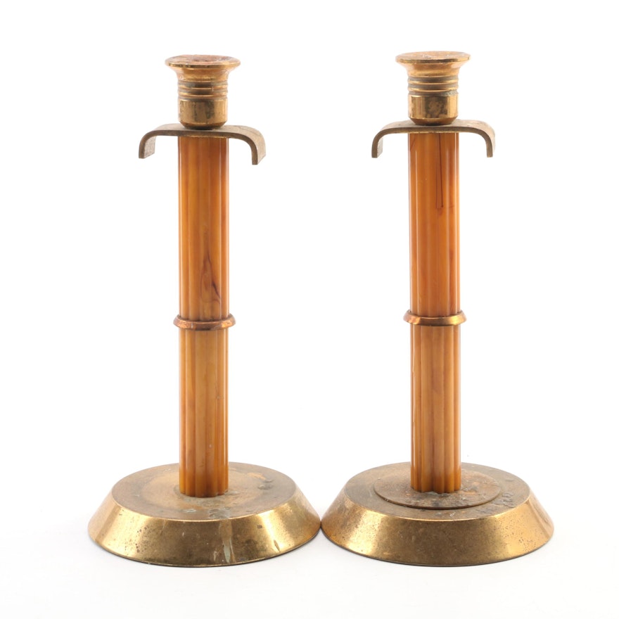 Pair of Art Deco Carmel Bakelite and Brass Candlesticks, Early 20th Century