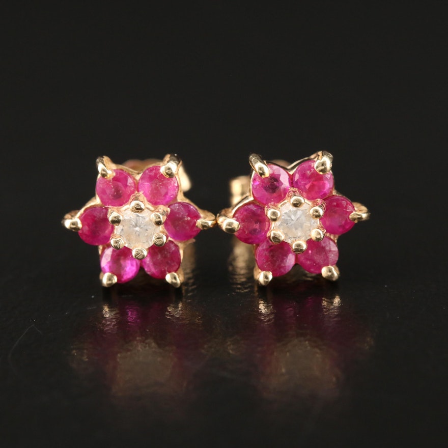 14K Ruby and Diamond Flower Stud Earrings
