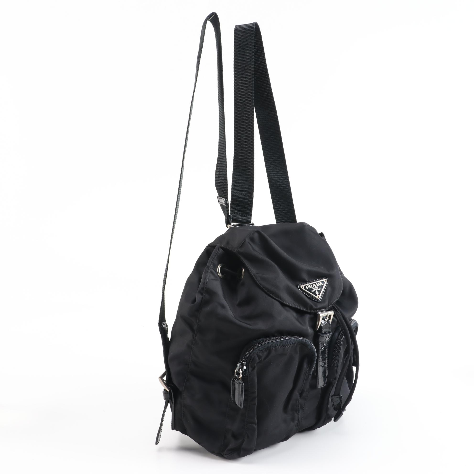 Prada Black Vela Nylon Drawstring Backpack with Patent Leather Trim