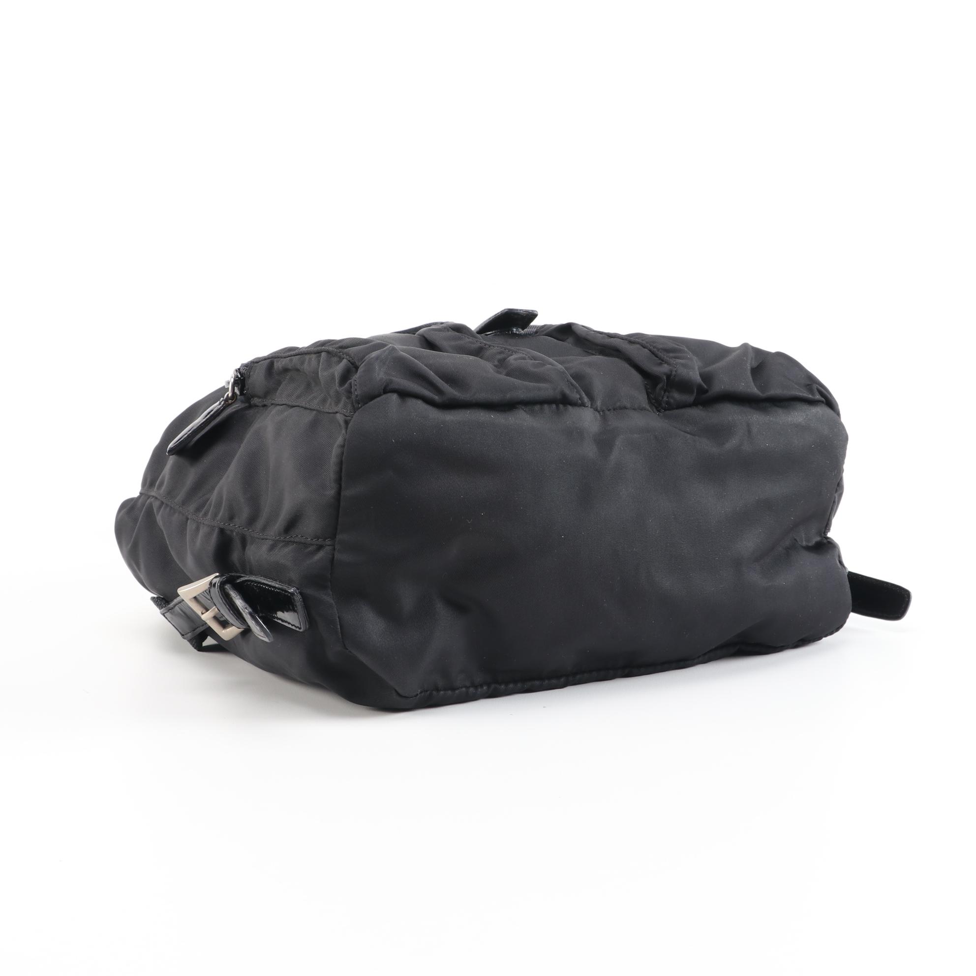 Prada Black Vela Nylon Drawstring Backpack with Patent Leather Trim