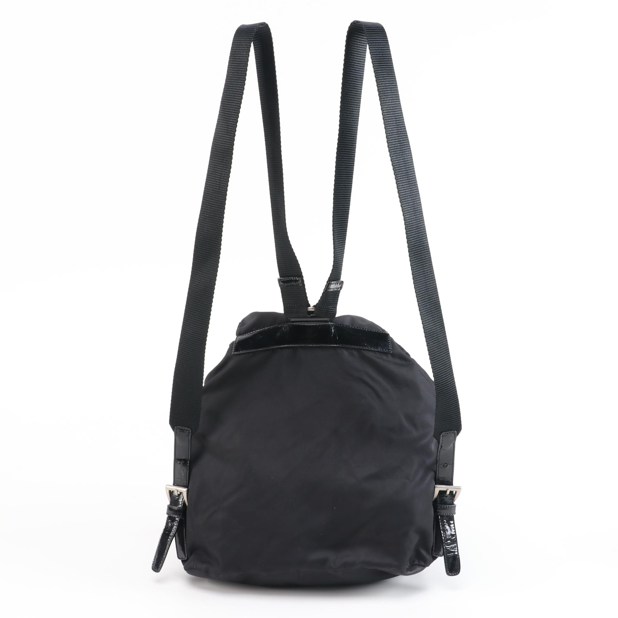 Prada Black Vela Nylon Drawstring Backpack with Patent Leather Trim