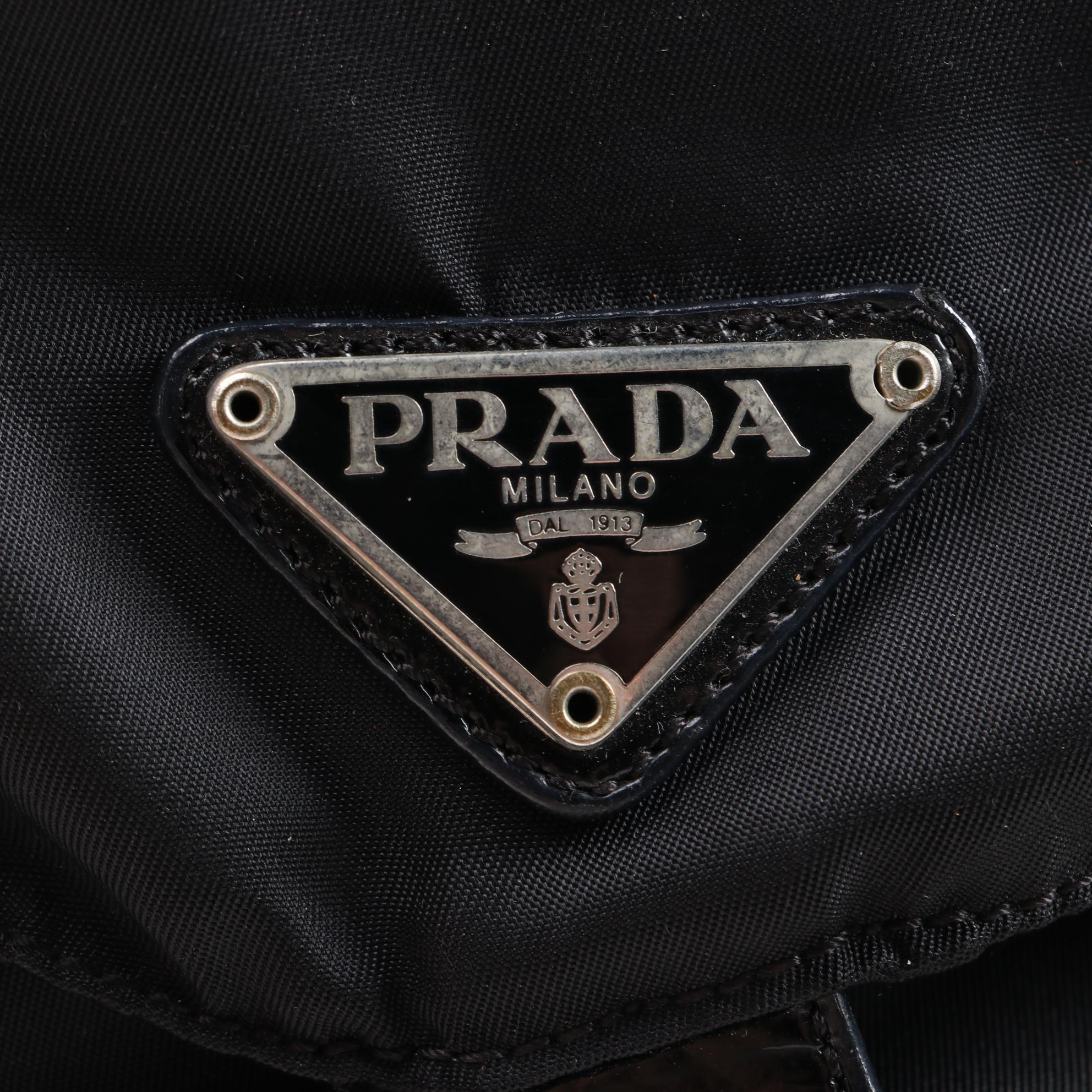Prada Black Vela Nylon Drawstring Backpack with Patent Leather Trim