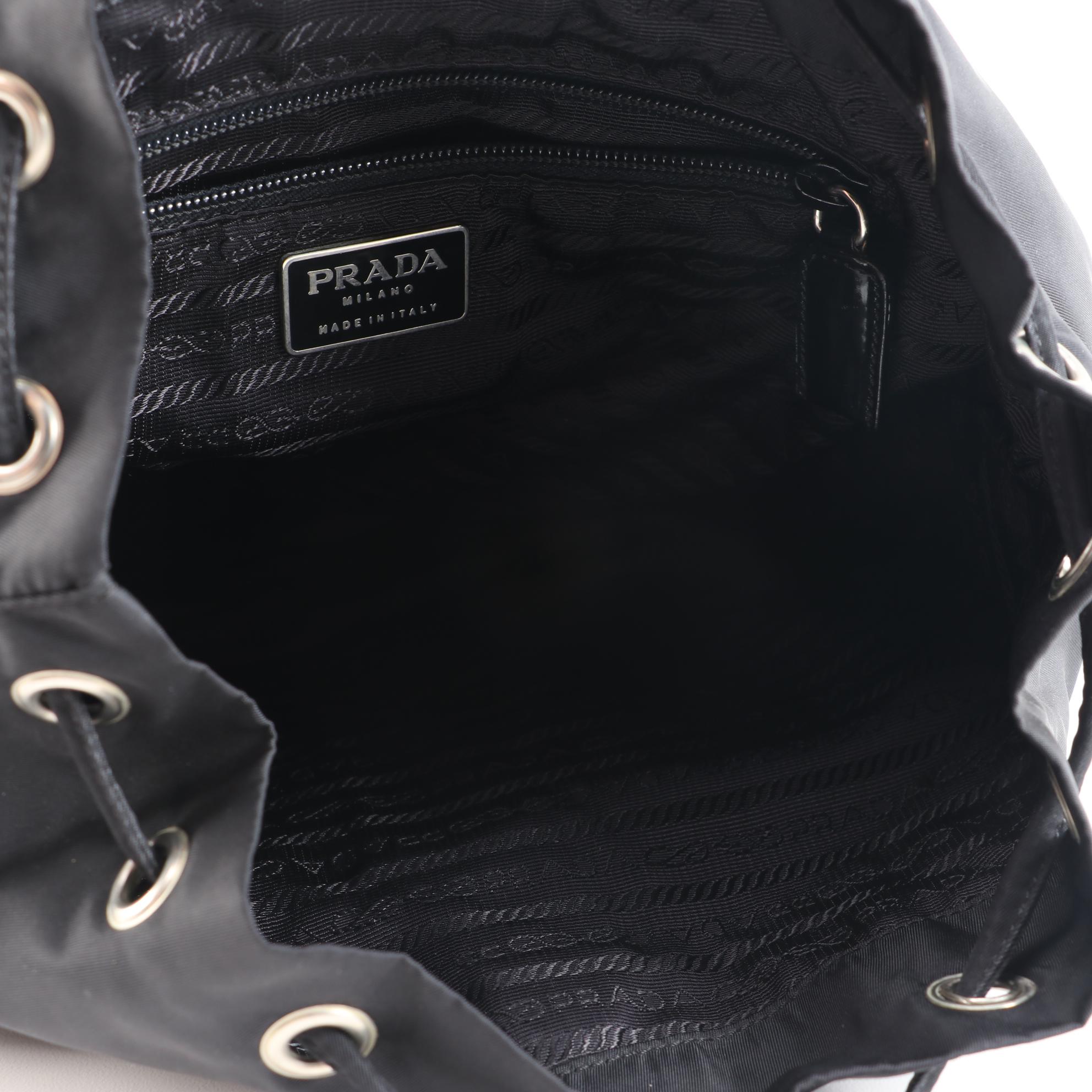 Prada Black Vela Nylon Drawstring Backpack with Patent Leather Trim