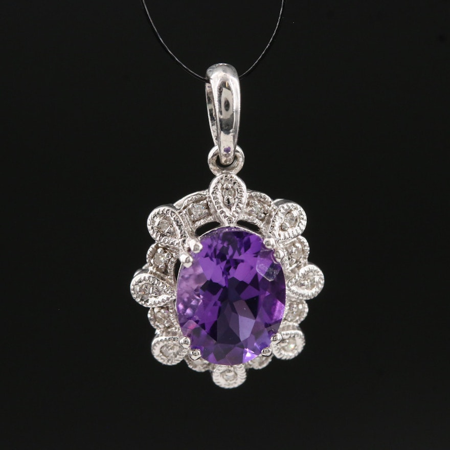 Sterling Silver Amethyst and Diamond Pendant