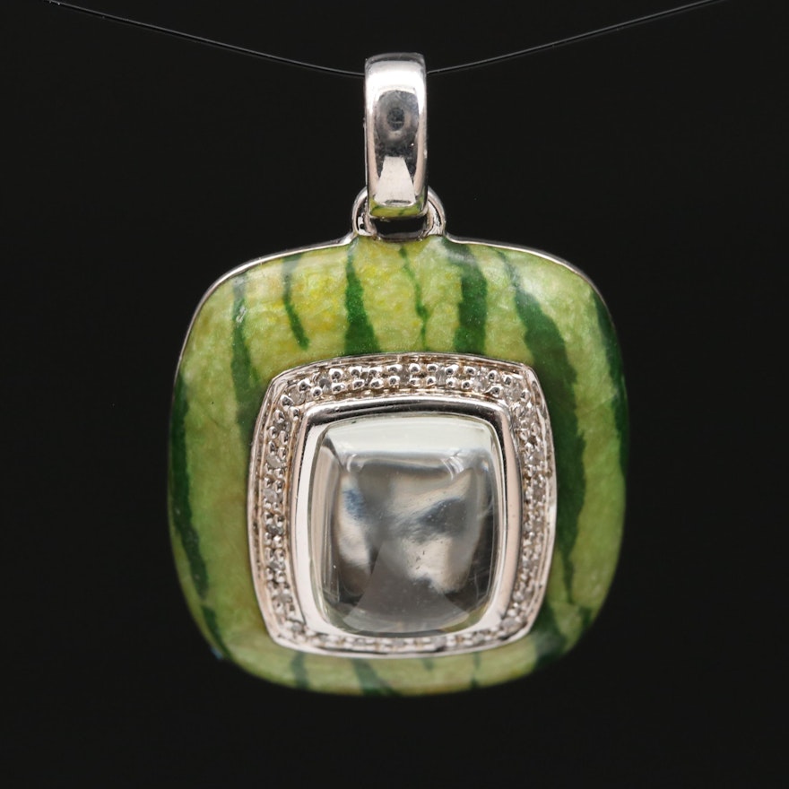 Sterling Silver Prasiolite and Diamond Pendant with Watermelon Print Enameling