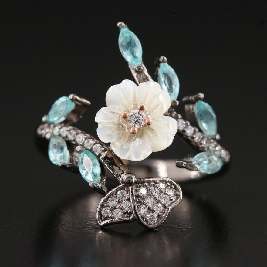 Oxidized Sterling Silver Floral Motif Ring Featuring Mother of Pearl and Apatite