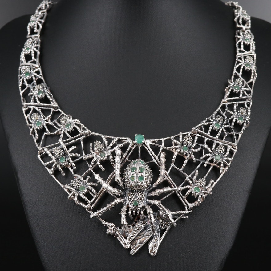 Sterling Silver Emerald and Marcasite Spiders' Lunch Bib Necklace