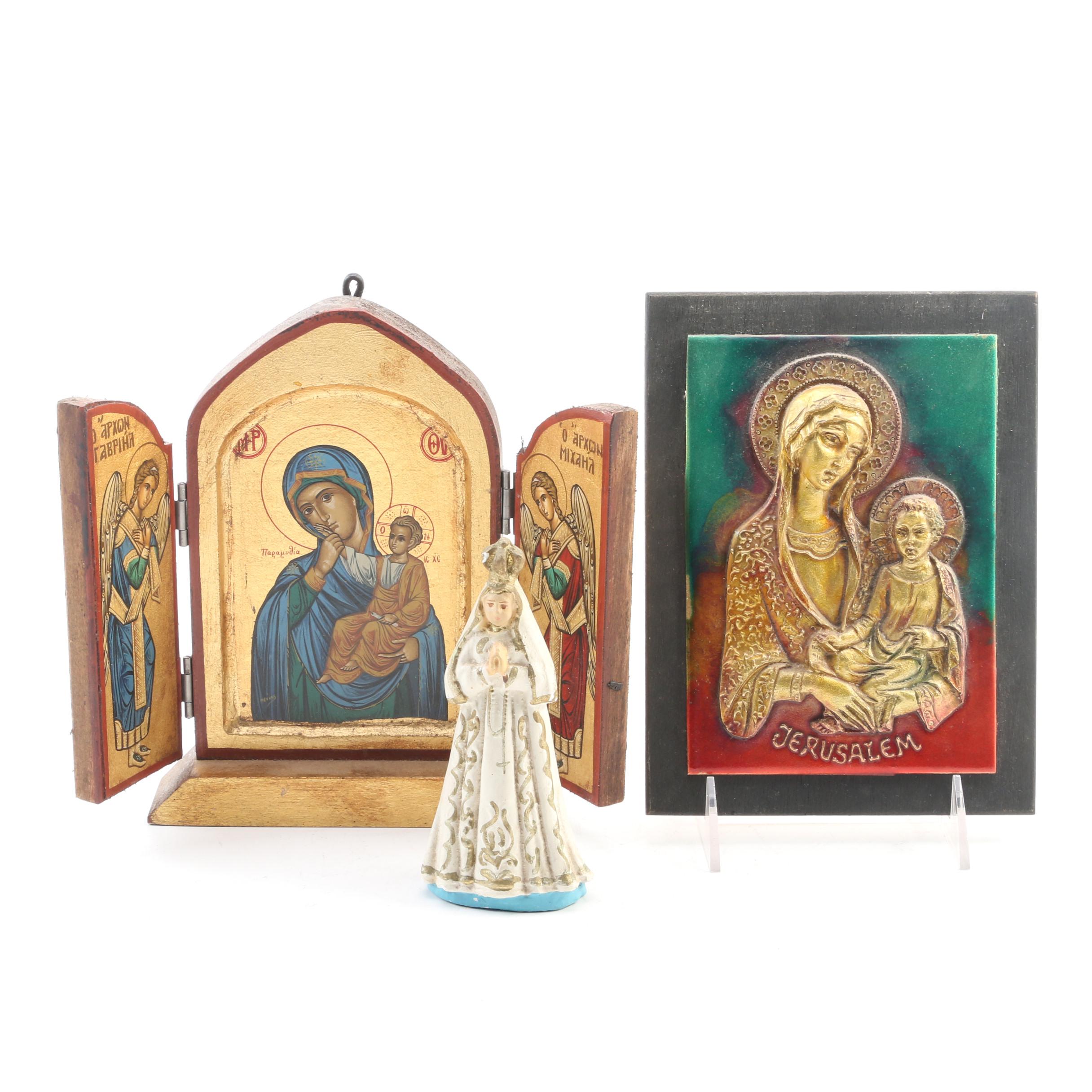 Greek Orthodox Triptych Icon with Madonna and Child Jerusalem Plaque and Figure