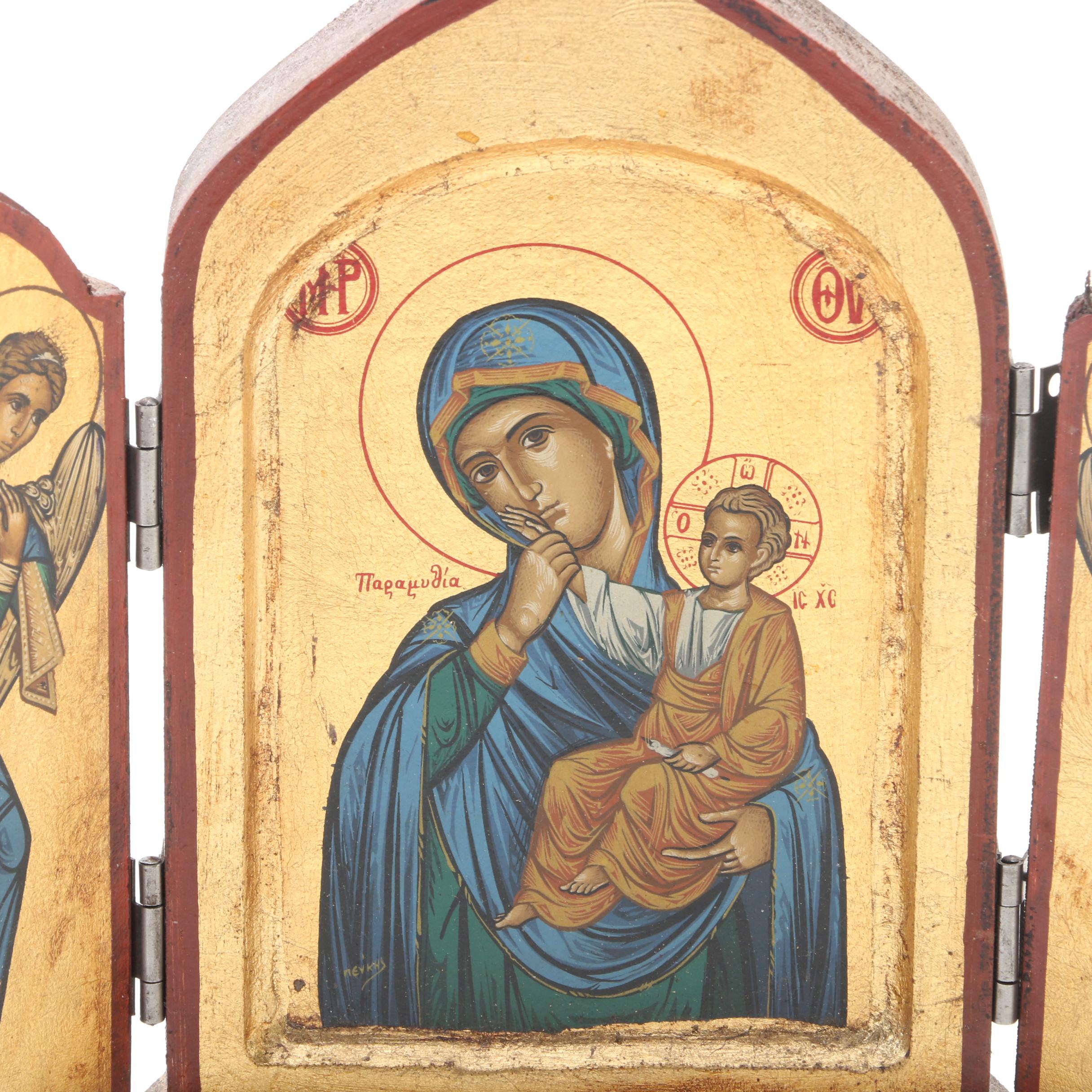 Greek Orthodox Triptych Icon with Madonna and Child Jerusalem Plaque and Figure