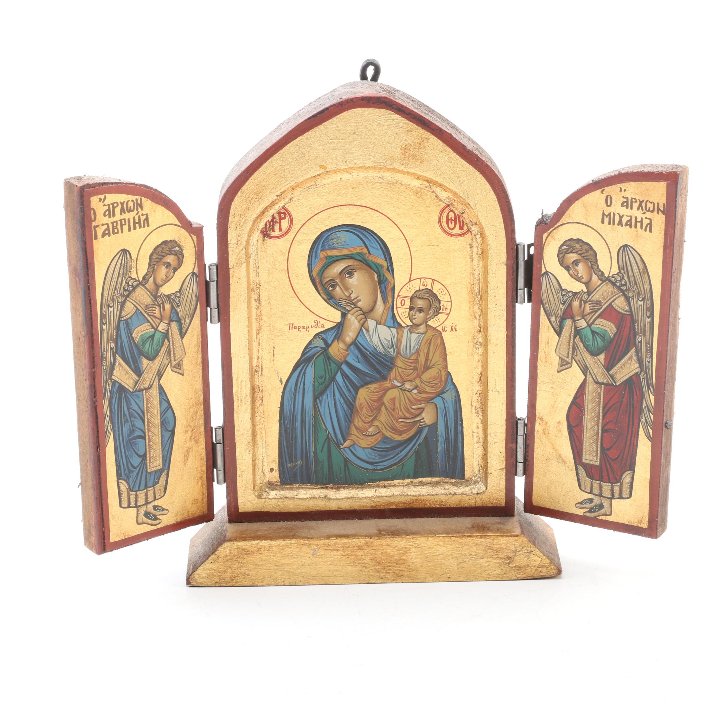 Greek Orthodox Triptych Icon with Madonna and Child Jerusalem Plaque and Figure
