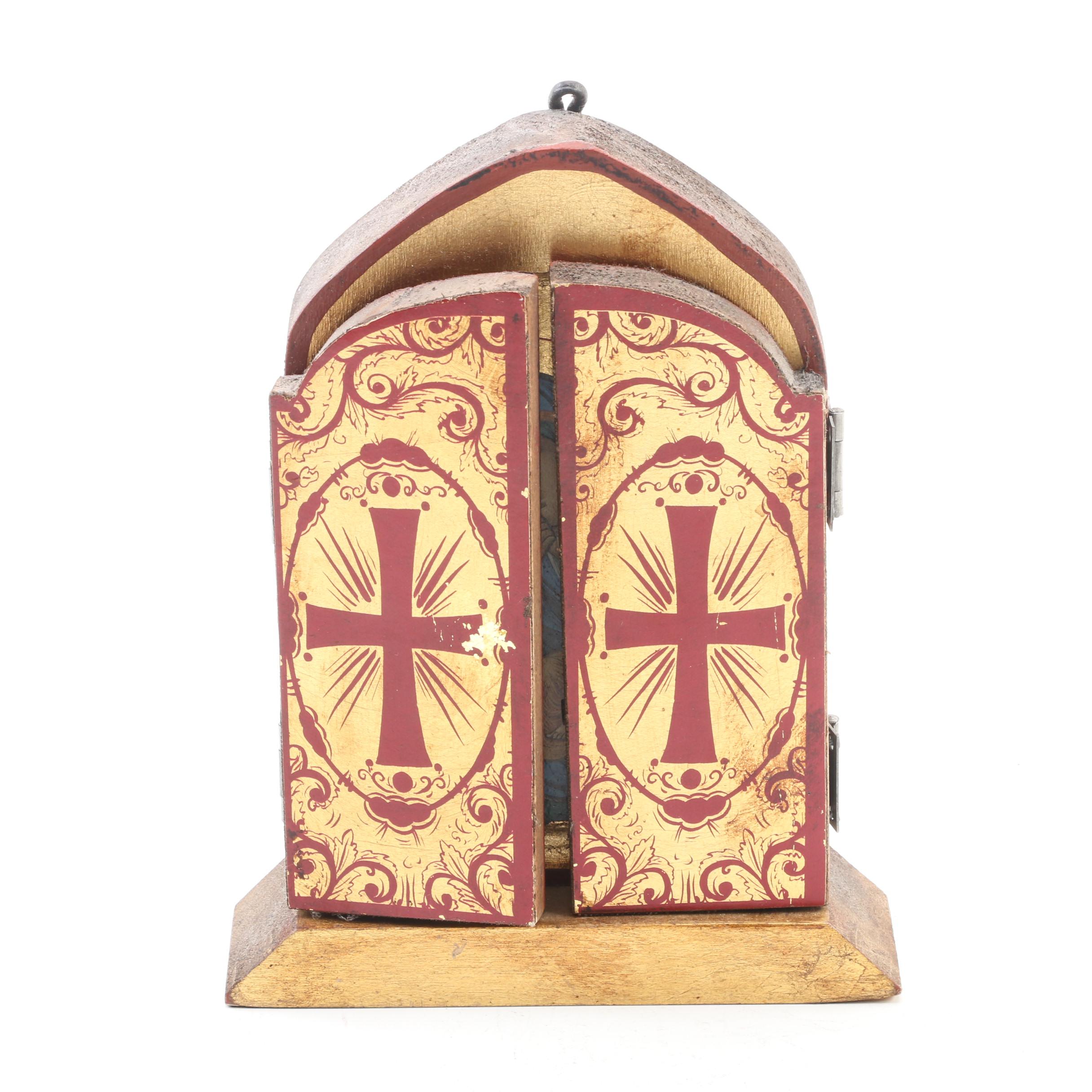 Greek Orthodox Triptych Icon with Madonna and Child Jerusalem Plaque and Figure