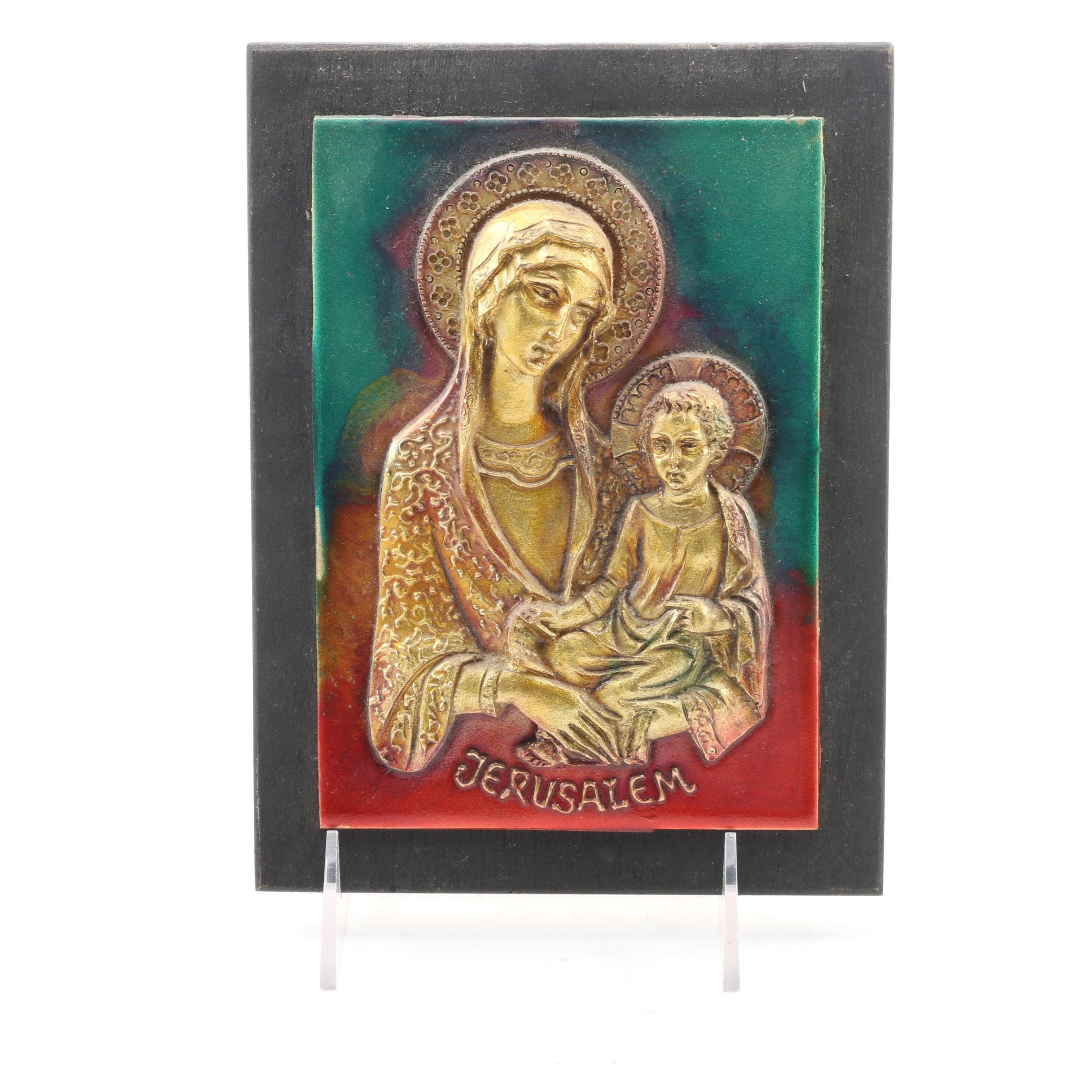 Greek Orthodox Triptych Icon with Madonna and Child Jerusalem Plaque and Figure