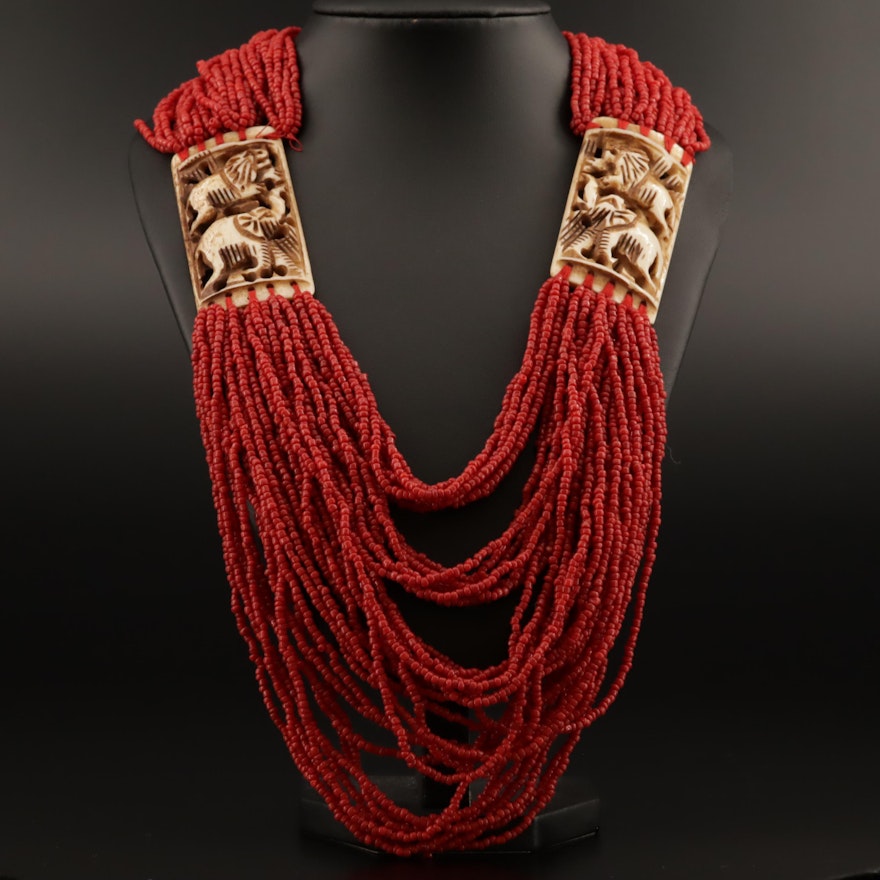 Indian Multi-Strand Carved Bone and Coral Beaded Necklace with Box