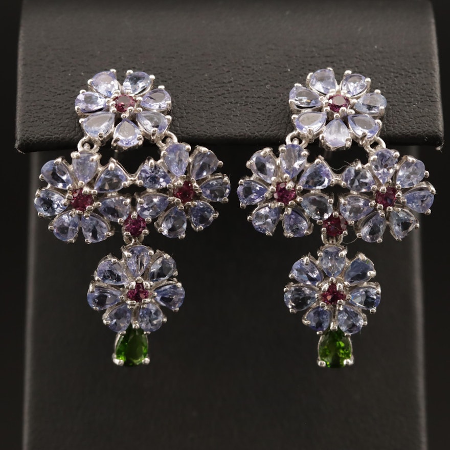 Sterling Silver Garnet, Tanzanite and Diopside Floral Cluster Earrings