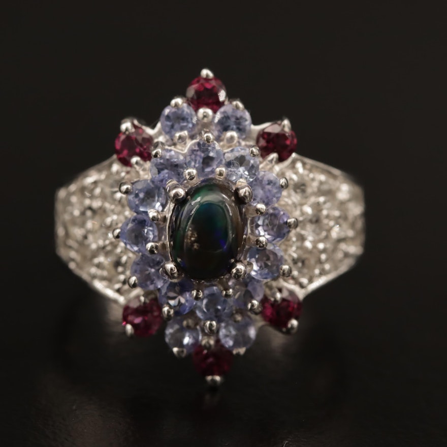 Sterling Silver Garnet, Tanzanite and Opal Cluster Ring