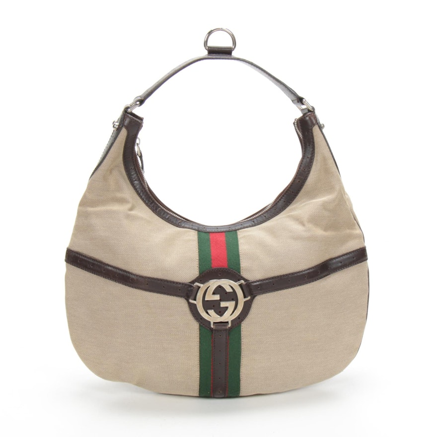 Gucci Webby Canvas Hobo Shoulder Bag with Brown Leather Trim