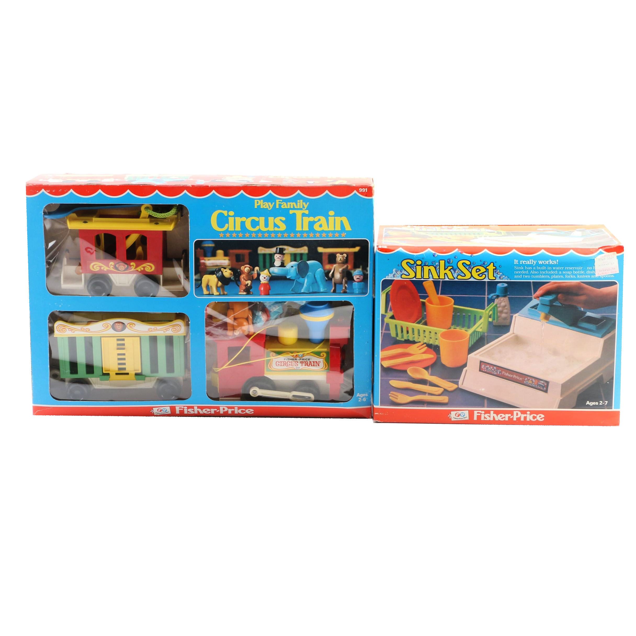 Fisher-Price "Play Family Circus Train," and "Sink Set" in Original Packaging