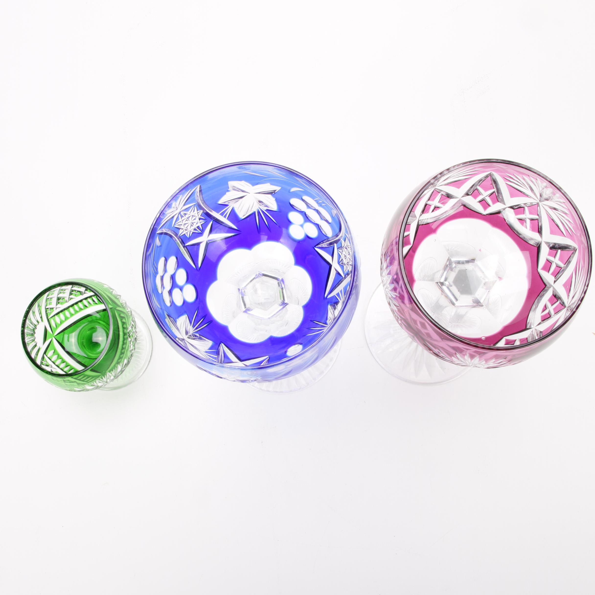 Bohemian Cut to Clear Crystal Stemware and Rose Bowl