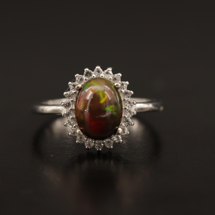 Sterling Silver Opal and White Topaz Halo Ring