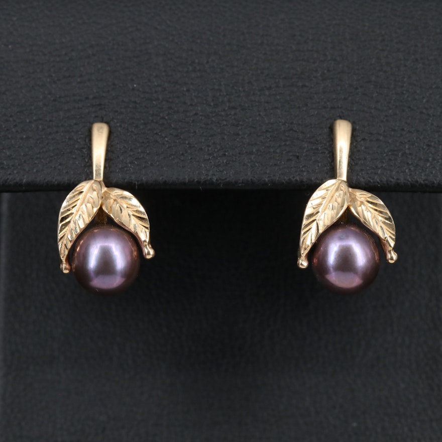 14K Pearl Drop Earrings with Leaf Motif