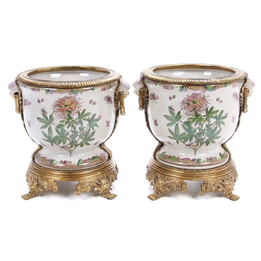 Rococo Revival Brass and Ceramic Planters