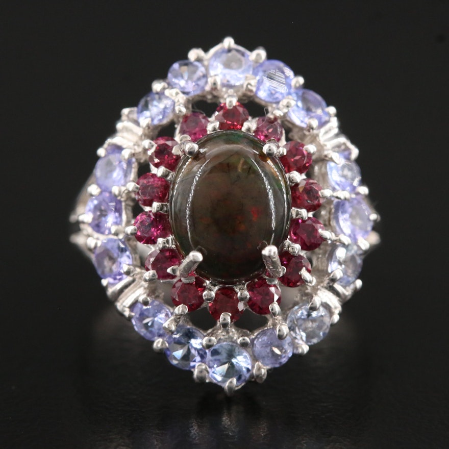 Sterling Silver, Opal, Garnet and Tanzanite Ring