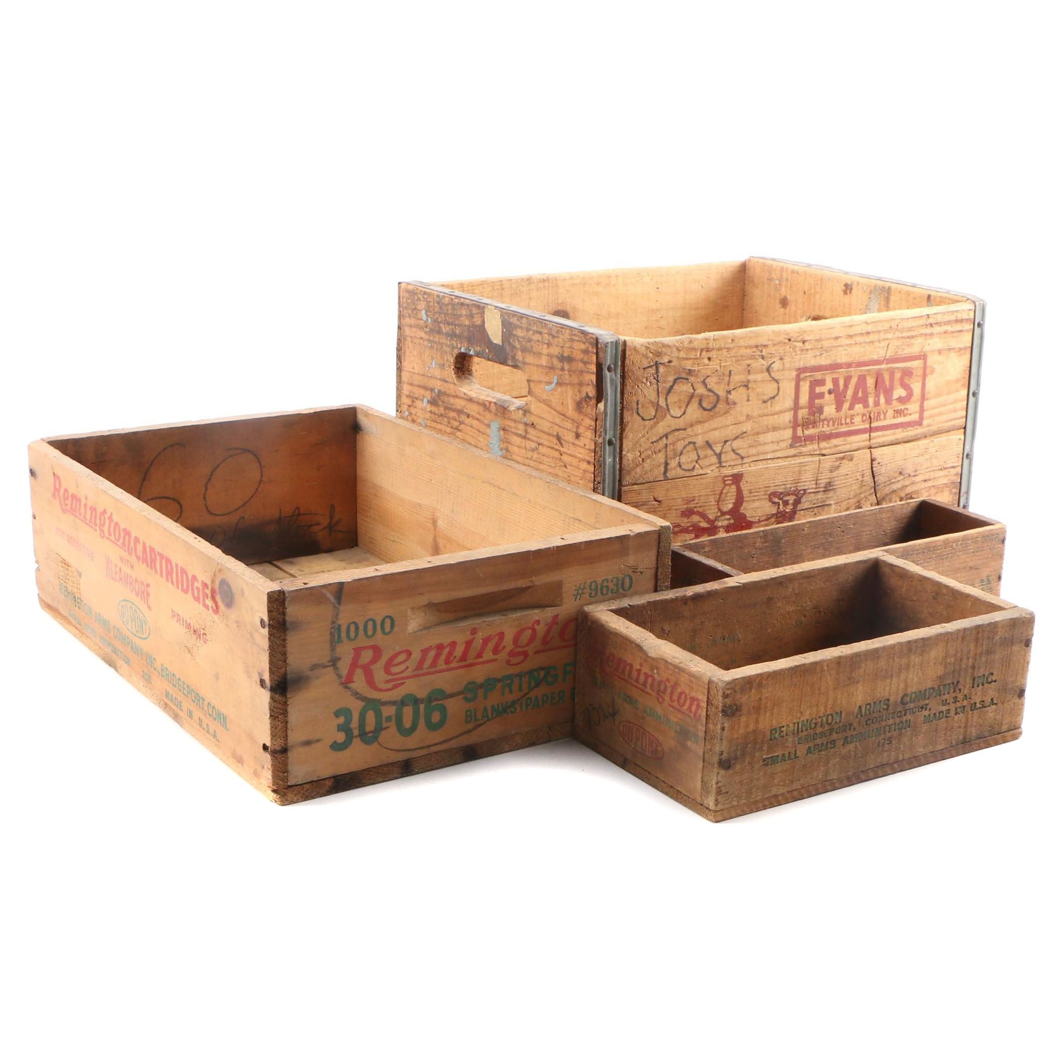 Remington Wooden Ammunition Boxes and Evans Dairy Crate