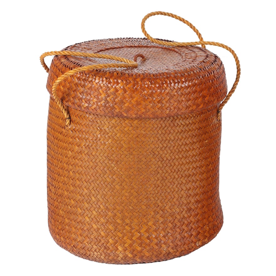 Herringbone Weave Lidded Hamper Basket with Handles