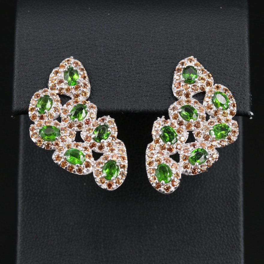 Sterling Silver Diopside and Sapphire Cluster Earrings