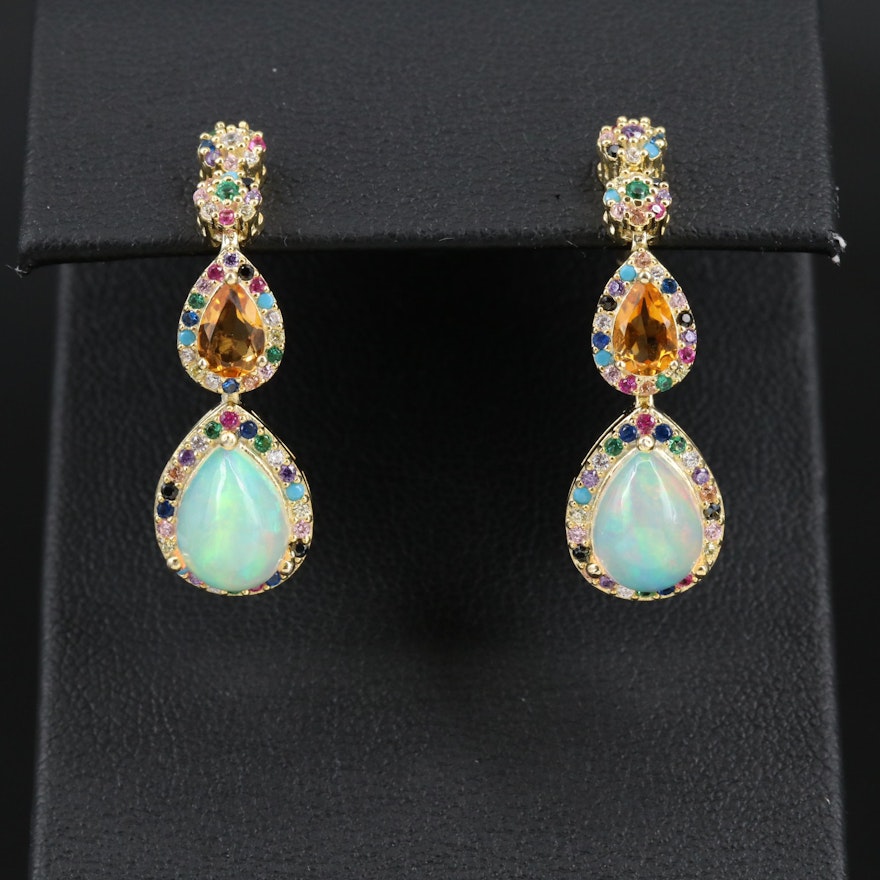 Sterling Silver Opal and Citrine Drop Earrings with Cubic Zirconia Accents